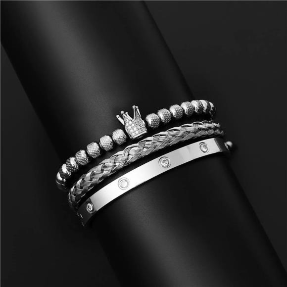 3PCS Stainless Steel Imperial Crown Bracelets for Men Gold Roman Numeral Bangle - Picture 3 of 6